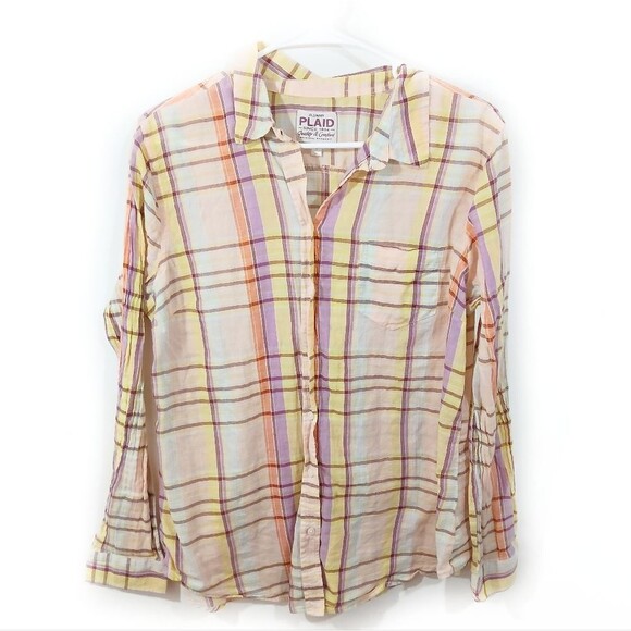 Old Navy Sheer Plaid Long Sleeve Button Front Top Large - Picture 1 of 8